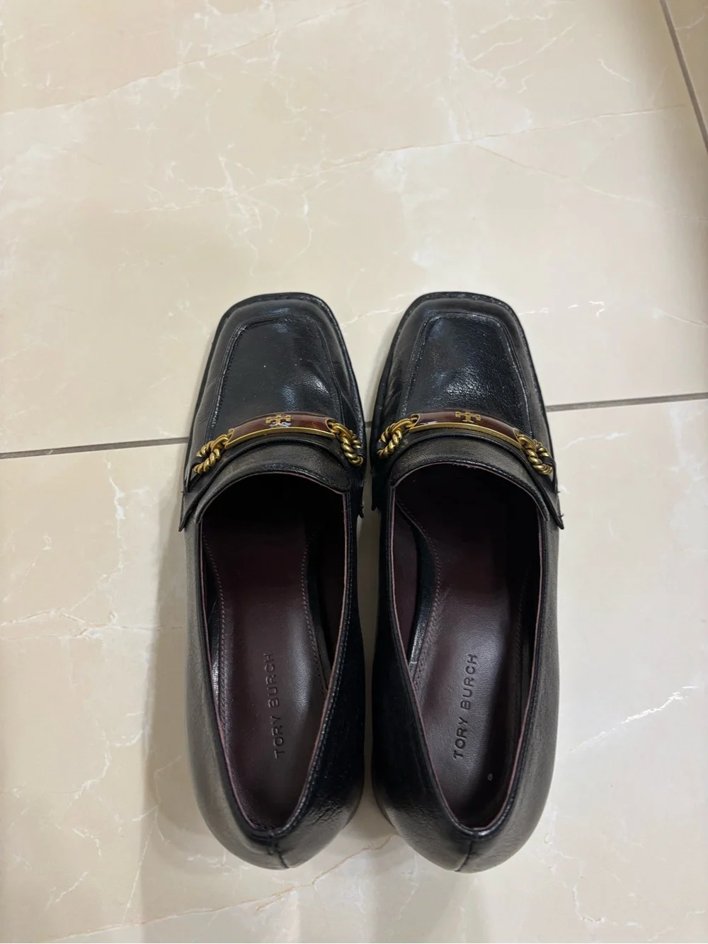 Tory Burch Black Leather Heeled Loafers with Gold Accent